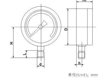 耐酸壓力表外形(xing)尺寸
