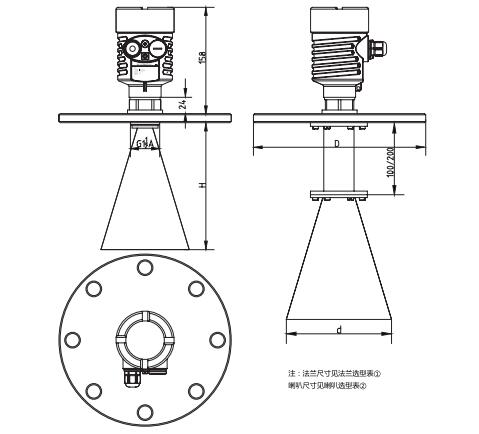 喇(lǎ)叭天線雷達物(wù)位計外型尺寸(cùn)圖