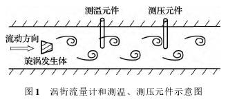 渦街(jie)流量計和測溫、測(cè)壓原件示意圖